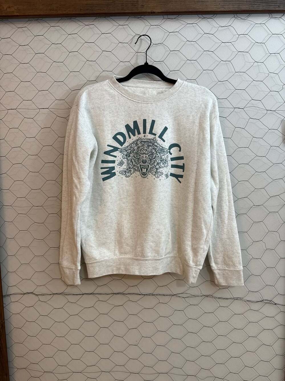 Windmill City Butterfly Wolf Graphic Heather Gray Crewneck Sweatshirt